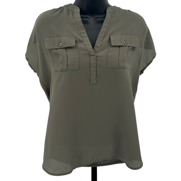 INC International Concepts Utility Blouse WMNS XS Olive Green Cap Sleeve Ruched - Picture 1 of 7